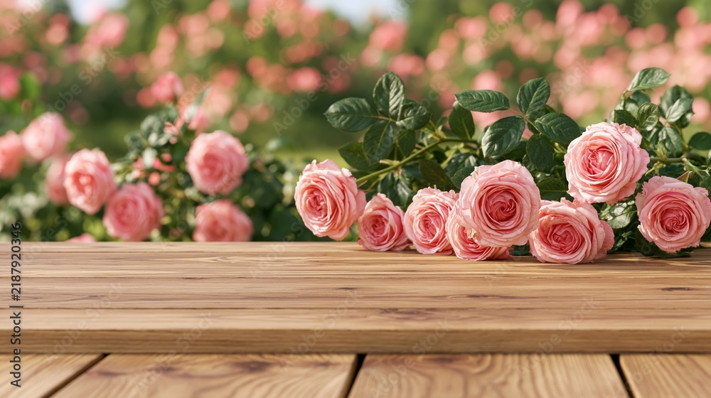 Obraz premium Pink roses resting on wooden table in garden