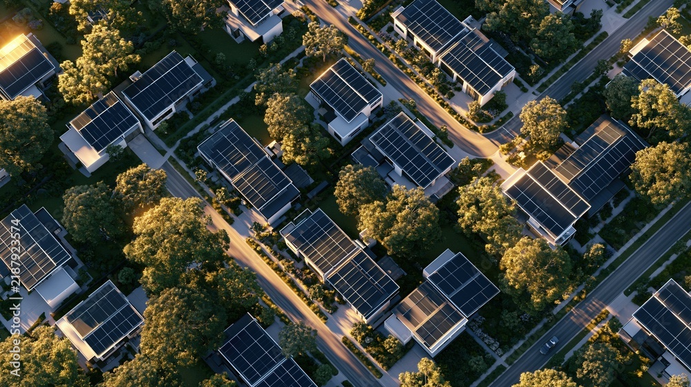 Naklejka premium Aerial view of modern houses with solar panels