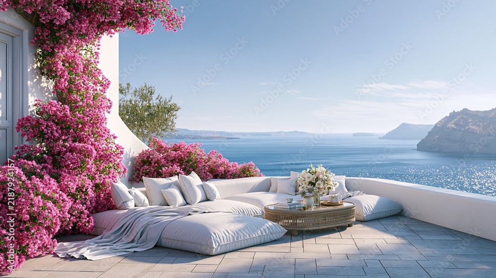 Fototapeta premium Relaxing terrace with pink flowers and sea view