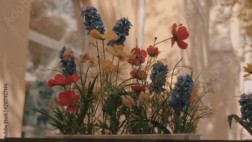 Flowers growing in pots and decorating cafes, offices, and homes. Street flowers in an urban environment.
