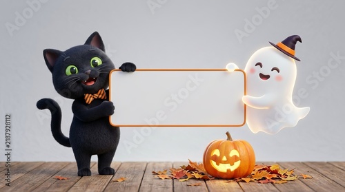 Cute 3D Black Cat and Little Ghost Holding Blank White Sign with Pumpkin Lantern and Dry Leaves