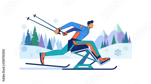 Flat vector illustration of a male adaptive athlete competing in sit-skiing on a snowy mountain trail. Features a specialized sled and ski poles in a stylized winter landscape.