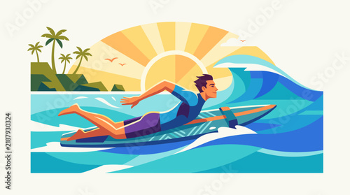 Flat vector illustration of a male adaptive surfer paddling a blue surfboard through ocean waves with a tropical island, palm trees, and a stylized sunrise background.