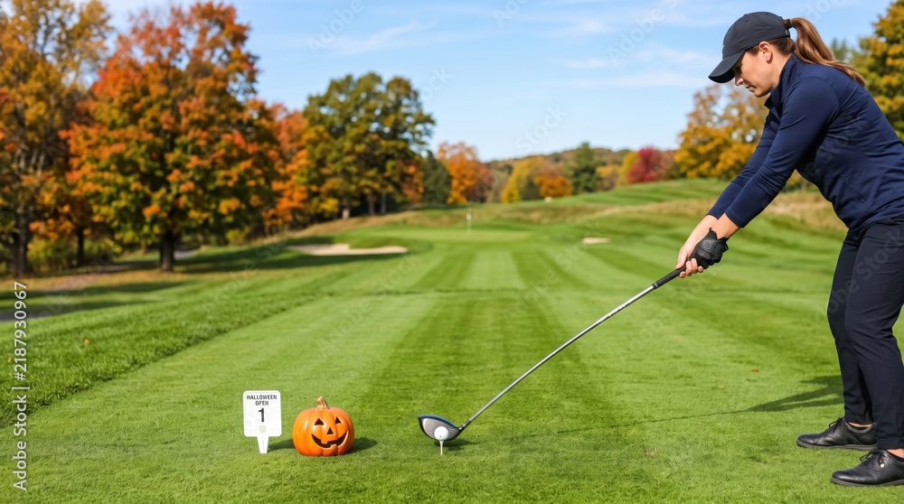 Obraz premium A woman prepares to tee off on a golf course decorated with a carved pumpkin, blending autumn and Halloween themes with the sport.