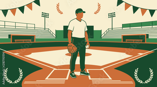 Retro baseball player standing on a stadium field with a glove and ball in a vintage flat vector illustration style