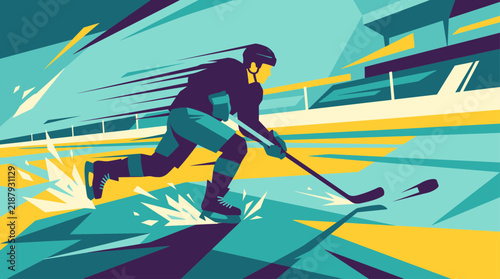 Dynamic vector illustration of a professional ice hockey player skating fast with a puck on the ice rink during a match