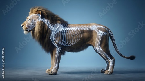 Lion skeleton anatomy 3D illustration showing skeletal structure and bones of a big cat on blue background