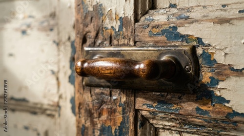 Antique wooden door handle on a rustic weathered door with peeling paint