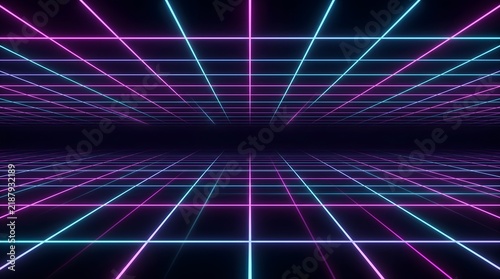 Neon retro grid with pink and blue glowing lines in perspective.