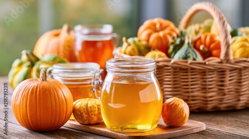 Pure Honey Jars with Autumn Pumpkins and Harvest Basket