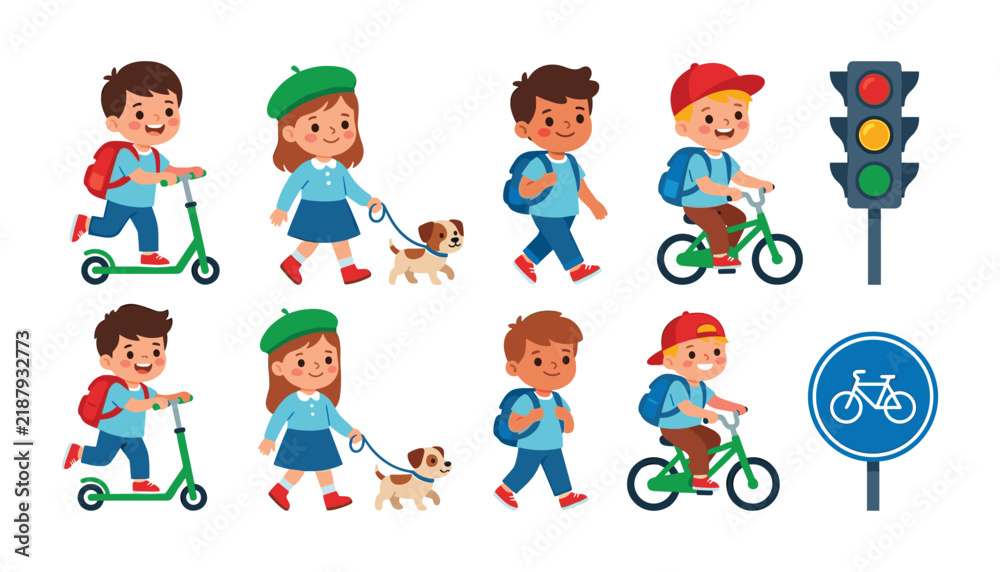 Fototapeta premium Cute school children character set going to school riding scooter bicycle walking with dog traffic light and bike lane sign vector illustration