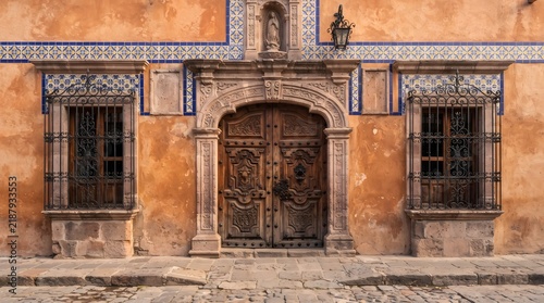 Historic Colonial Architecture Facade with Carved Wooden Doors in Mexico