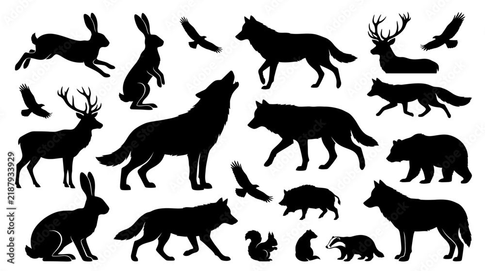 Fototapeta premium Comprehensive collection of forest wild animal silhouettes including wolves, deer, rabbits, bears, foxes, and eagles isolated on white background for nature and wildlife design projects.