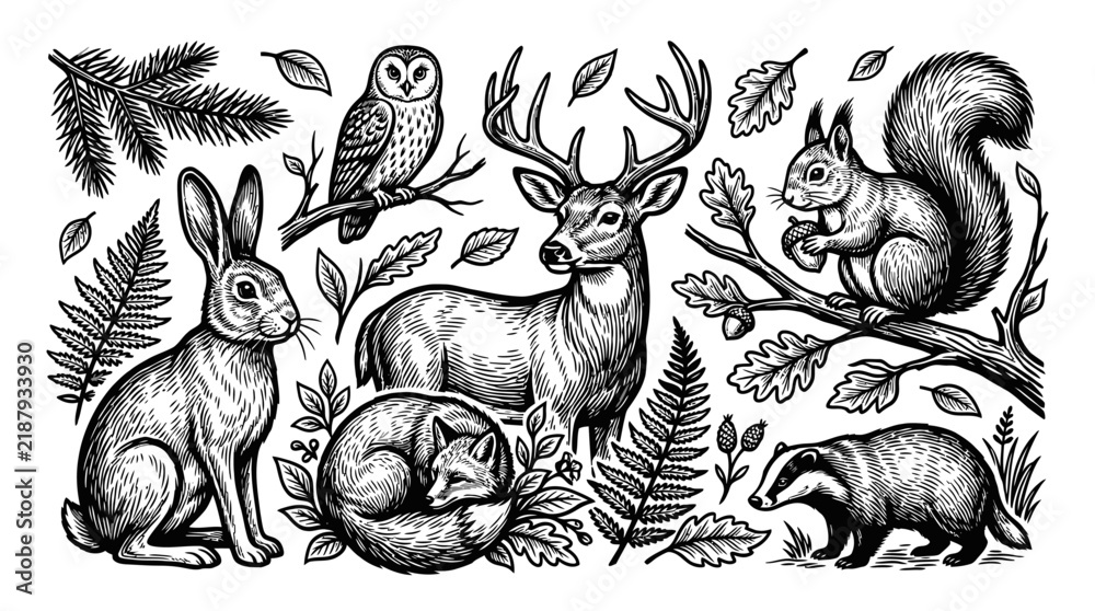 Fototapeta premium Woodcut style illustration of woodland animals including a deer, rabbit, owl, squirrel, sleeping fox, and badger with forest flora like ferns, oak leaves, and pine needles on white.