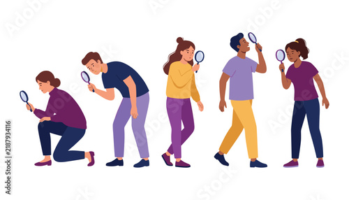 People searching with magnifying glass character set showing diverse men and women investigating exploring and analyzing information