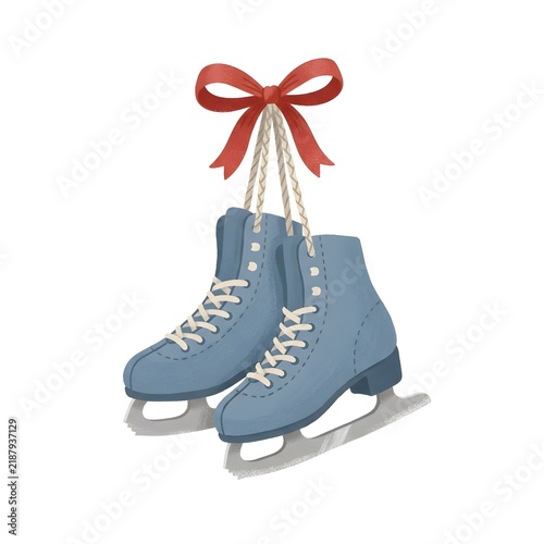 Pair of Blue Ice Skates Tied with Red Ribbon Bow