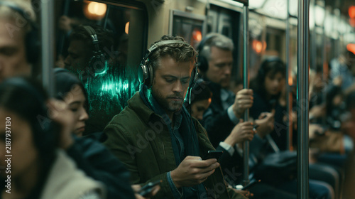Commuter's Solitude: A man with headphones on, engrossed in his smartphone, sits amidst the crowded rush hour of a subway train, finding a moment of personal escape in public transit.