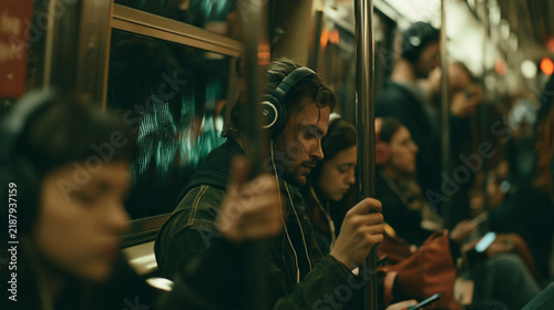 Urban Commute Reflections: A man with headphones on immerses himself in music while riding a crowded subway, reflecting the anonymity and daily grind of city life.