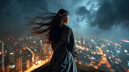 Woman Overlooking Cityscape at Night: A lone woman stands on a rooftop, her hair blowing in the wind as she gazes out at the illuminated cityscape under a dramatic, cloudy sky.