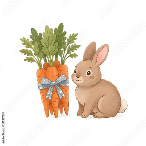 Cute bunny rabbit sitting beside a bunch of fresh carrots with bow