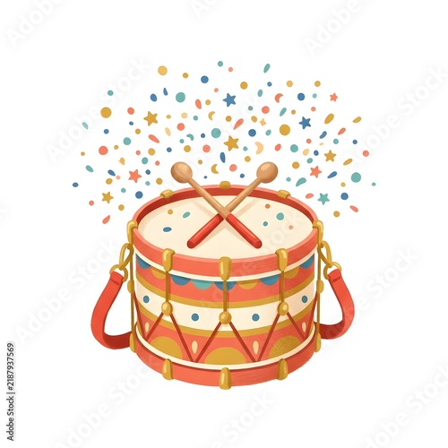 Colorful toy drum with drumsticks and confetti on white background