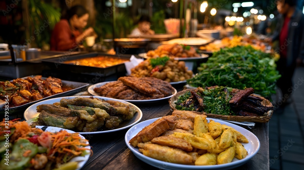Fototapeta premium A vibrant street food stall displays an array of colorful dishes including fried items greens and sauces under warm evening lights