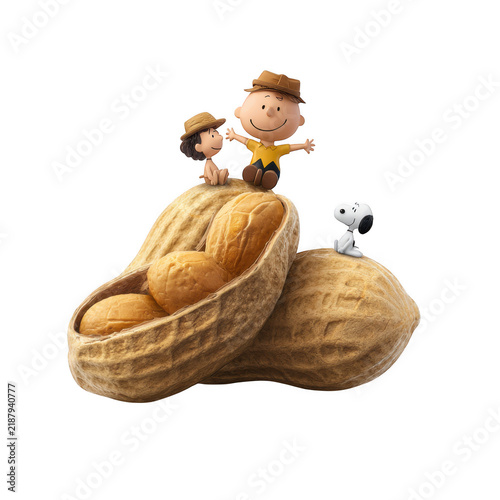 Charlie Brown Linus and Snoopy sitting inside giant peanut shells