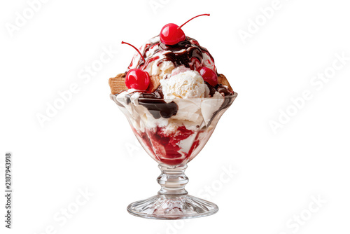 Delicious chocolate cherry ice cream sundae in elegant glass serving dish