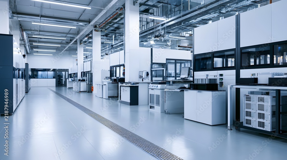 Obraz premium Modern clean room laboratory with white workstations overhead lighting and industrial equipment for precision manufacturing
