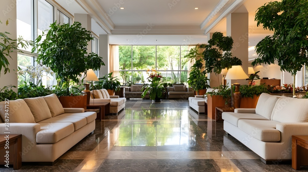 Obraz premium A spacious well lit hotel lobby with polished marble floors beige sofas and large potted plants near tall