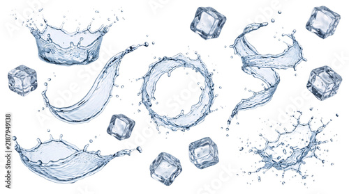 Obraz na plátně Dynamic water splashes and ice cubes frozen in png on isolated transparent backg
