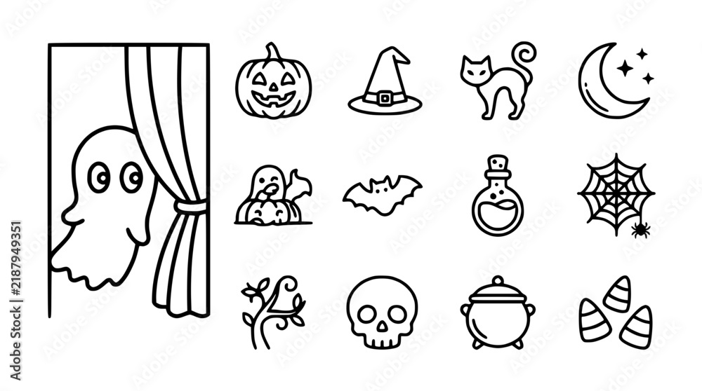 Fototapeta premium Halloween Icons Collection: Ghost, Pumpkin, Bat, Cat, Skull, Moon, Witch Hat, Potion