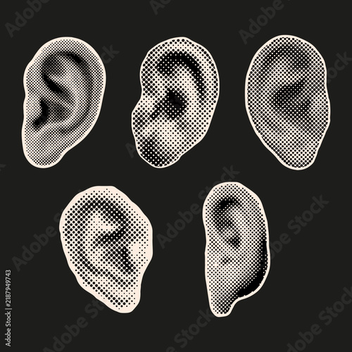 Retro Ear Halftone Sticker Illustration Set – Vintage Pop Art Hearing Icons Collection