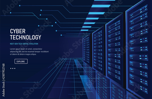 Cyber technology server room banner showing isometric blue database rack cabinets with glowing circuit grid lines and copy space on dark background