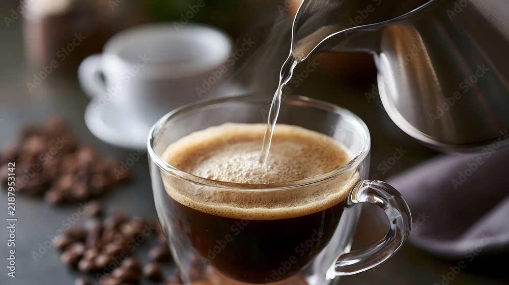 Fototapeta premium Hot water being poured into a glass cup of dark coffee with visible crema and steam rising surrounded by coffee beans on a dark surface