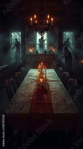 Spooky Haunted Dining Room With Ghosts And Candles