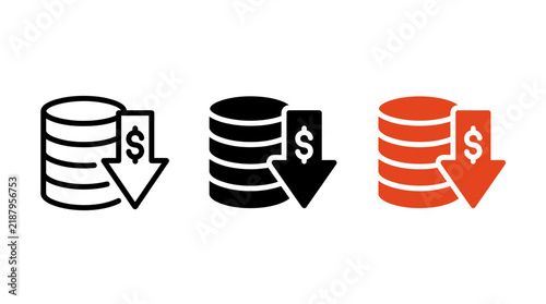 Financial loss concept with decreasing currency coins and downward arrow recession business