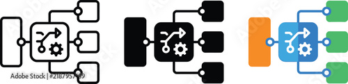 Workflow automation process icons with flowchart diagram and system integration symbols.