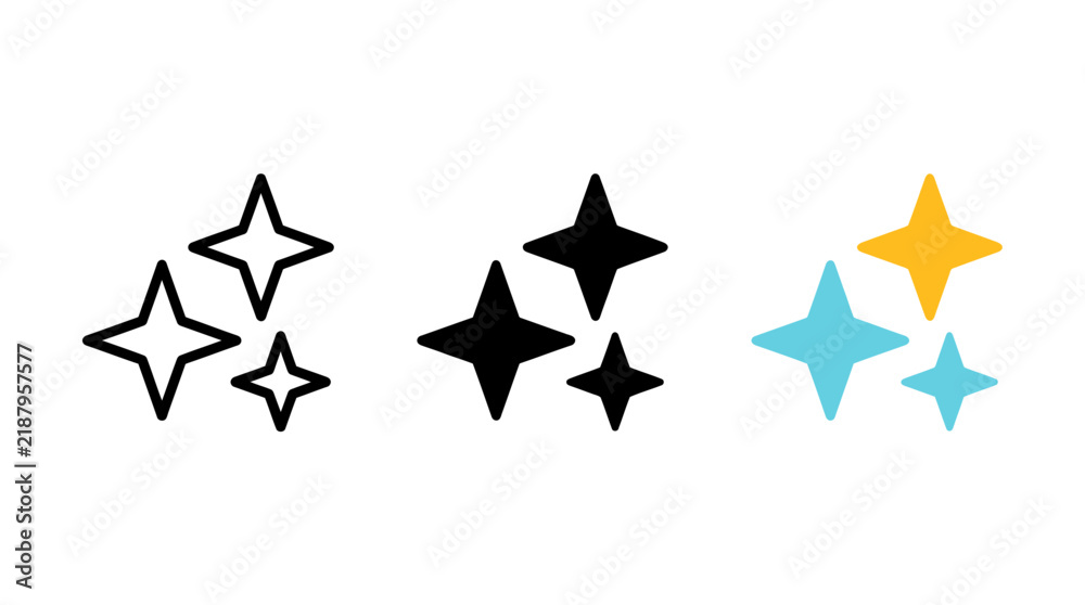 Fototapeta premium Decorative star shape icons displayed in outline solid and colors with decoration