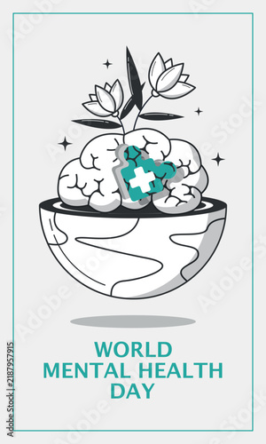 World Mental Health Day Poster. Mental health recovery drawn in an outline style