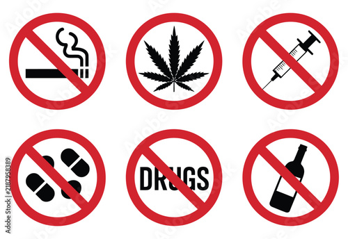 Bild auf Leinwand Say no to drugs icons, black prohibition symbols against cigarette smoking, alco