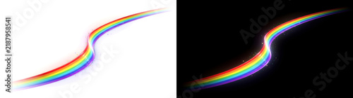 Rainbow path of glossy curved light bending sharply with sparkles for design in PNG, Transparent and Black Background Versions