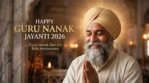 Happy Guru Nanak Jayanti 2026: Sikh man greeting in traditional attire, warm glow