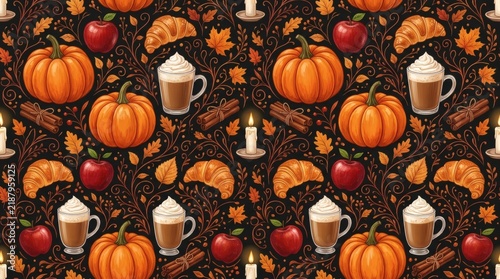 Autumn harvest pumpkins, mugs of coffee, and apples arranged in repeating seasonal pattern on dark textured background