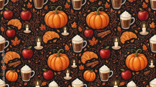 Vibrant autumn harvest pattern featuring pumpkins, coffee mugs, and apples on dark textured background