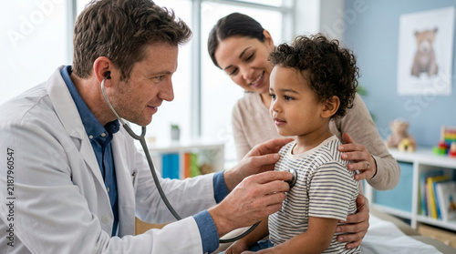 Doctor examines child with stethoscope, mother watches lovingly