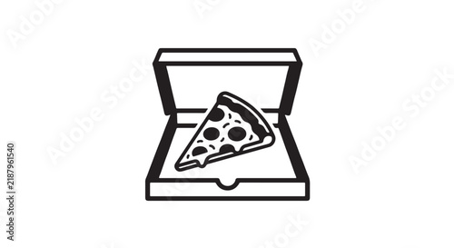Pizza box packaging design vector icon with slice of pepperoni pizza inside open cardboard container on white background for takeaway and delivery use