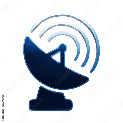 A 3D icon of a satellite dish with radio wave signals, rendered in blue and white, representing communication, technology, and broadcasting on a white isolated on a transparent background