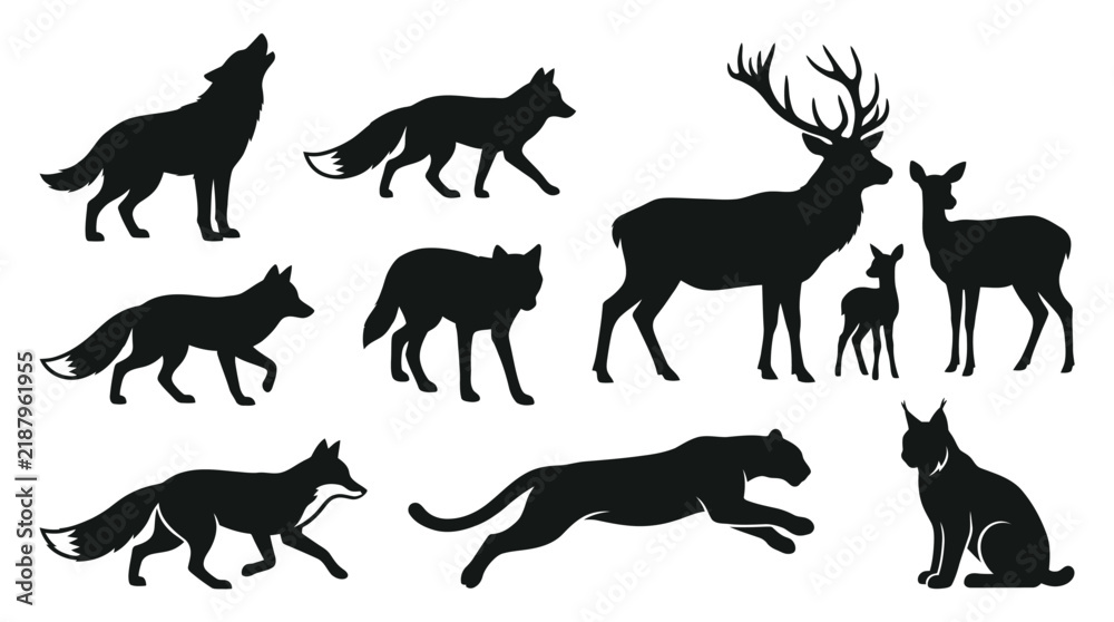 Obraz premium Collection of wild animal silhouettes featuring howling wolves, walking foxes, a deer family with a stag and fawn, a mountain lion, and a lynx isolated on a white background.