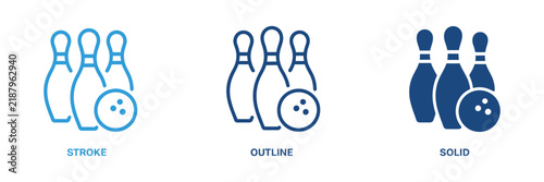 Bowling icon with editable stroke, outline and solid styles representing bowling sport, ball, pins, lane, competition, recreation, and leisure